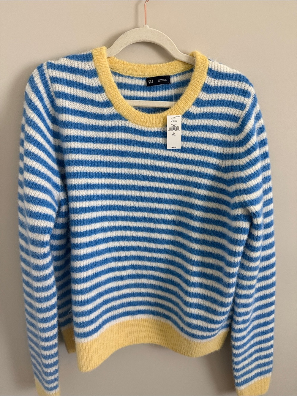 GAP Striped Blue & White Crewneck Sweater with Yellow Trim XL Tall